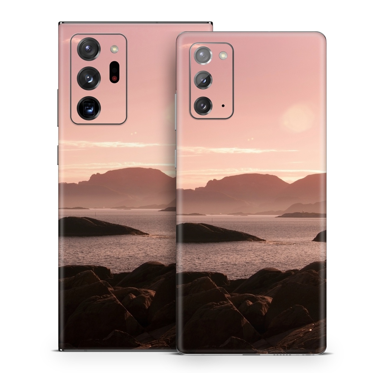 Samsung Galaxy Note 20 Series Skin design of Sky, Nature, Sea, Atmospheric phenomenon, Horizon, Natural landscape, Coast, Cloud, Morning, Calm, with gray, black, red, pink, green colors