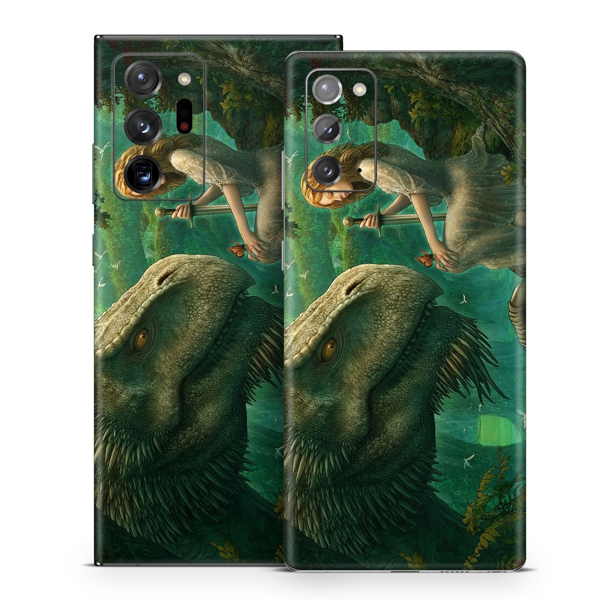 Samsung Galaxy Note 20 Series Skin design of Dinosaur, Cg artwork, Mythology, Fictional character, Troodon, Extinction, Velociraptor, Illustration, Animated cartoon, Tyrannosaurus, with black, green, gray, red colors