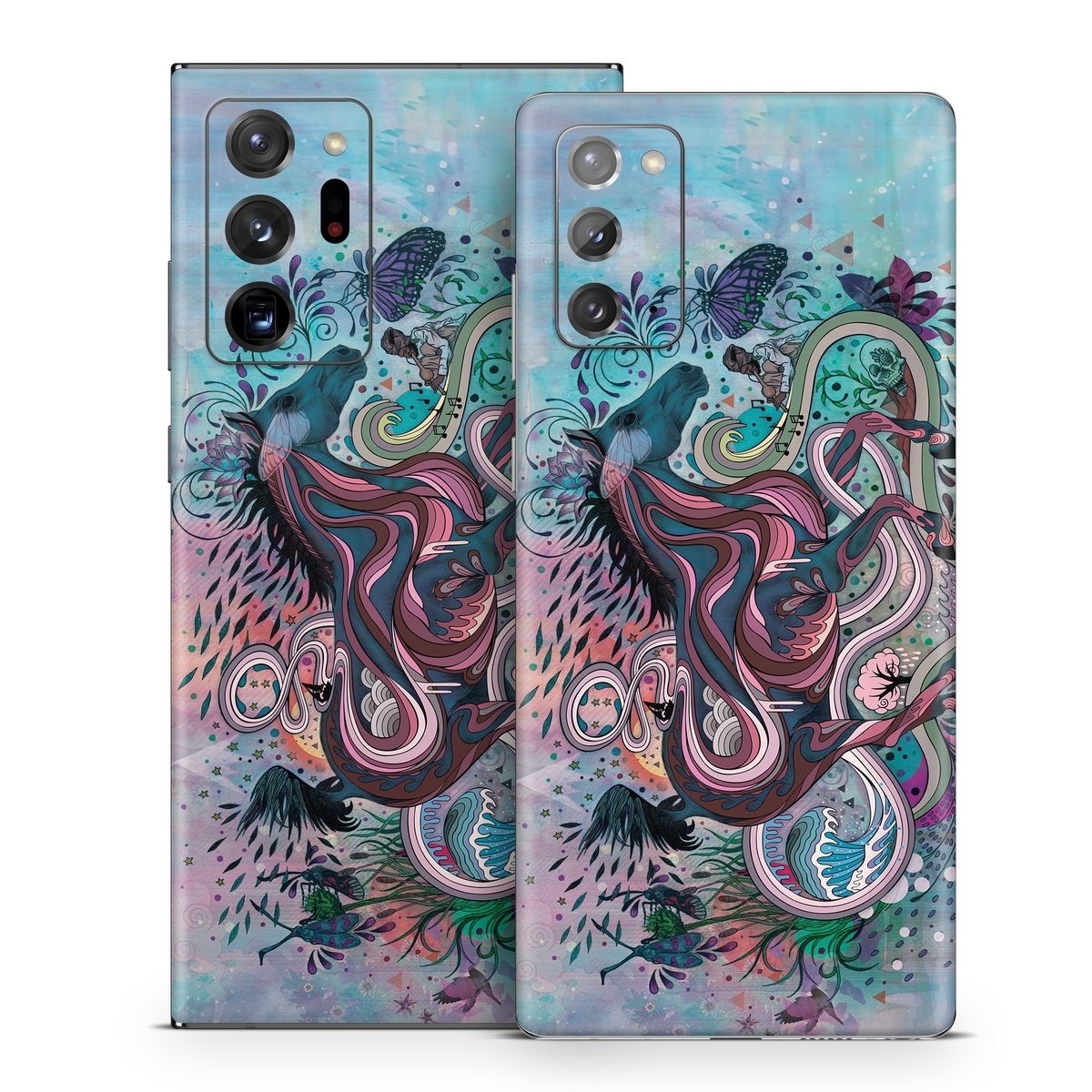 Samsung Galaxy Note 20 Skin design of Illustration, Art, Visual arts, Graphic design, Fictional character, Psychedelic art, Pattern, Drawing, Painting, Mythology, with gray, black, blue, red, purple colors