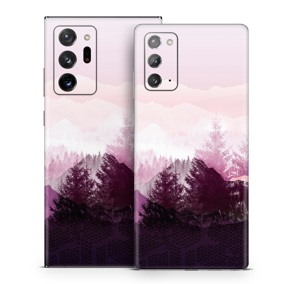 Samsung Galaxy Note 20 Series Skin design of Sky, Purple, Atmospheric phenomenon, Pink, Natural landscape, Violet, Mountain, Tree, Morning, Mountain range, with white, purple, black, pink colors