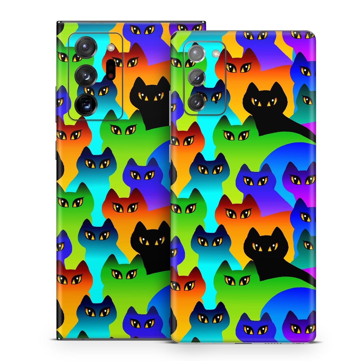 Samsung Galaxy Note 20 Series Skin design of Black cat, Purple, Cat, Small to medium-sized cats, Pattern, Design, Felidae, Illustration, Art, with black, blue, green, purple colors