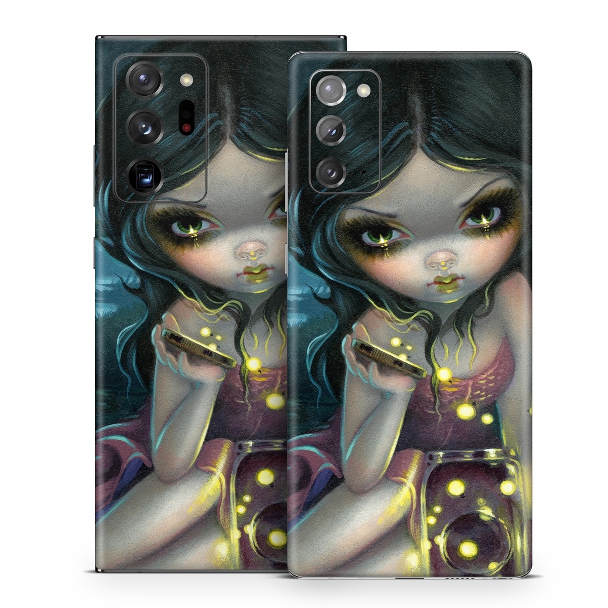 Samsung Galaxy Note 20 Series Skin design of Cg artwork, Illustration, Fictional character, Art, Iris, Black hair, Fawn, Mythology, Fiction, with blue, green, pink, yellow, black, white colors