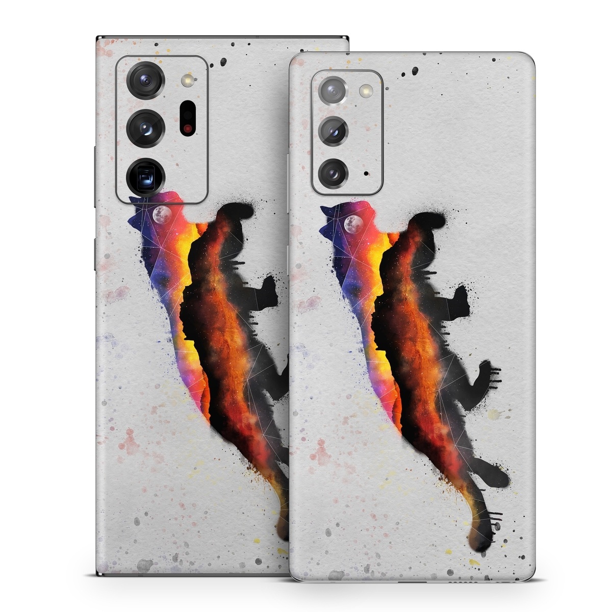 Samsung Galaxy Note 20 Series Skin design of Illustration, Watercolor paint, Art, Tail, Painting, Drawing, Acrylic paint, Geological phenomenon, Red fox, Paint, with gray, black, red, yellow, orange, white colors