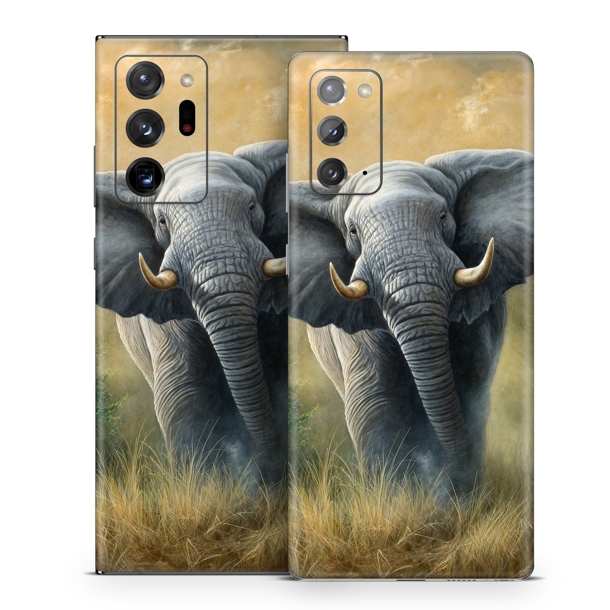 Samsung Galaxy Note 20 Series Skin design of Terrestrial animal, Elephants and Mammoths, Vertebrate, Wildlife, Mammal, African elephant, Indian elephant, Grassland, Working animal, Tusk, with gray, white, green, brown, yellow, orange colors