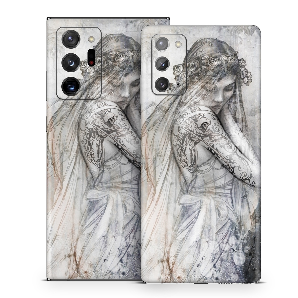 Samsung Galaxy Note 20 Series Skin design of Lady, Art, Illustration, Drawing, Painting, Sketch, Mythology, Figure drawing, Long hair, Visual arts, with white, gray, black colors