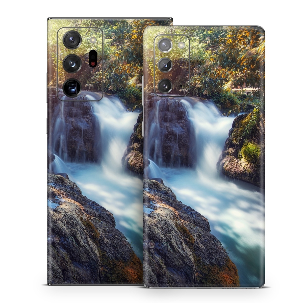 Samsung Galaxy Note 20 Series Skin design of Waterfall, Natural landscape, Body of water, Nature, Water resources, Water, Watercourse, Stream, Nature reserve, Rock, with gray, yellow, orange, green, white, blue colors