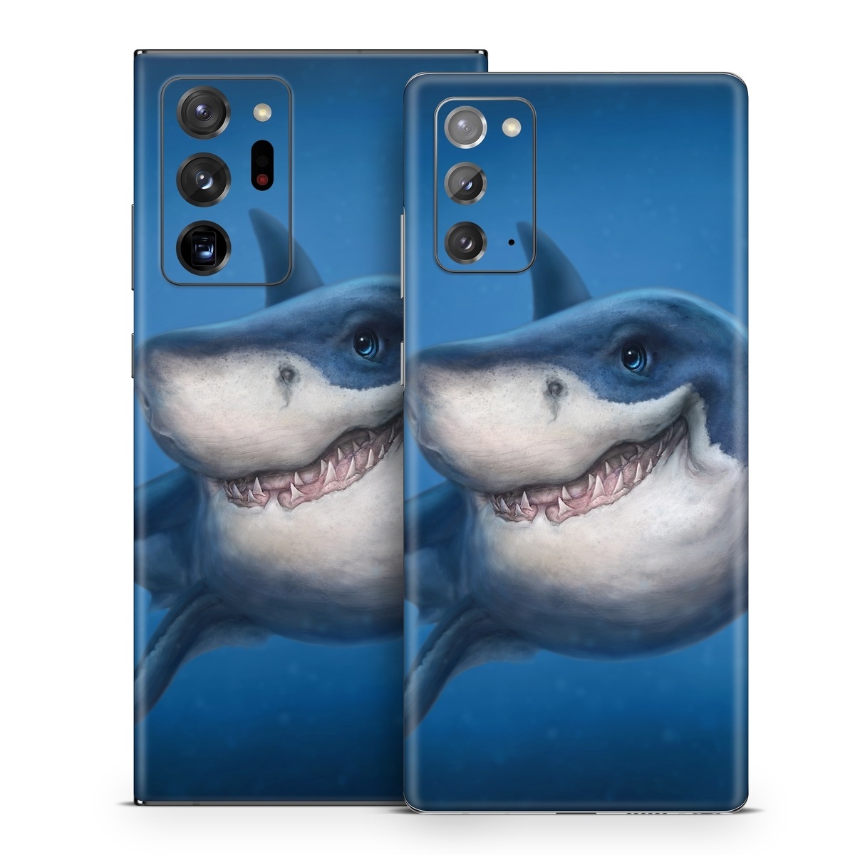 Samsung Galaxy Note 20 Series Skin design of Fish, Great white shark, Shark, Tiger shark, Cartilaginous fish, Requiem shark, Lamniformes, Bull shark, Carcharhiniformes, with black, blue, gray colors