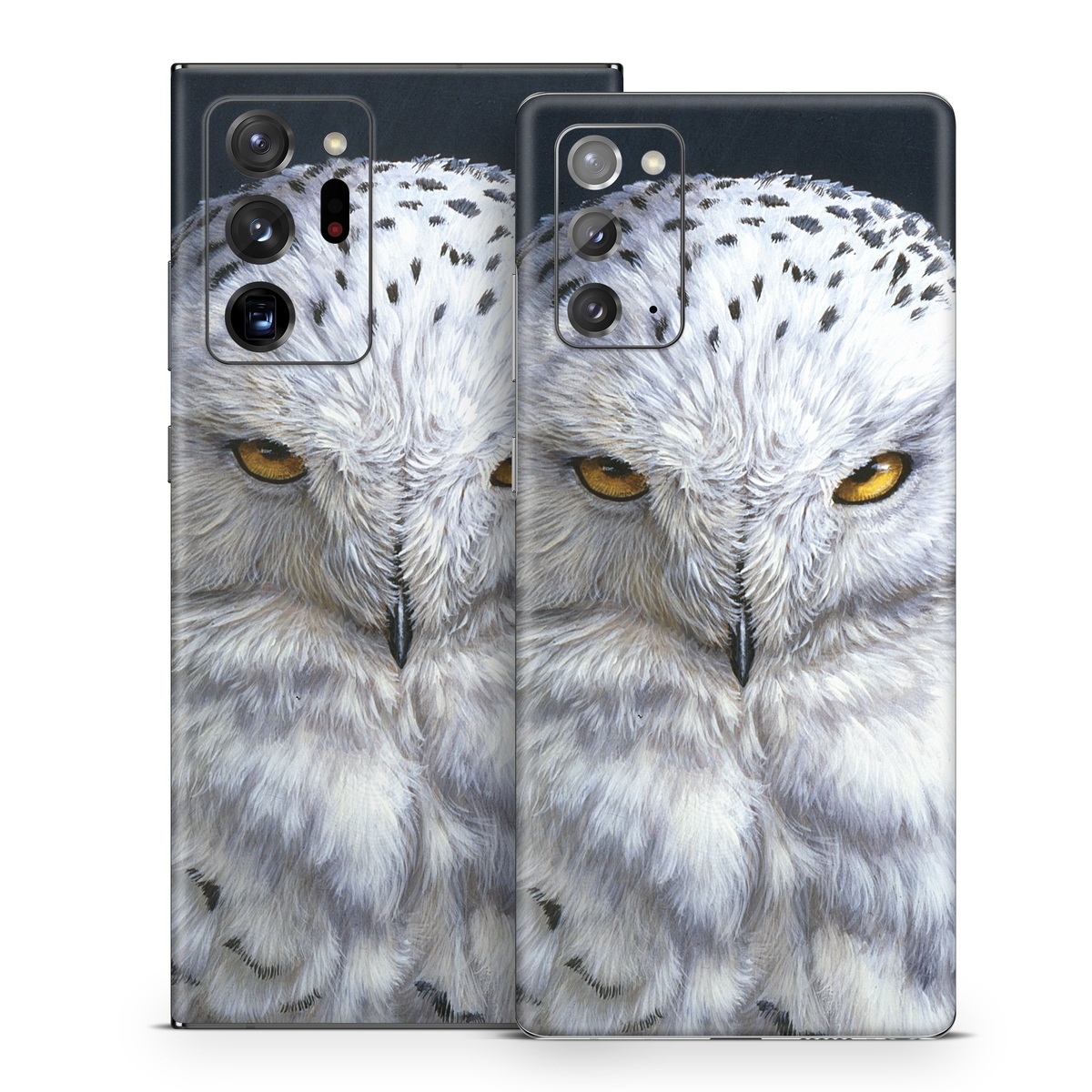 Samsung Galaxy Note 20 Series Skin design of Owl, Bird, Bird of prey, Snowy owl, great grey owl, Close-up, Eye, Snout, Wildlife, Eastern Screech owl, with gray, white, black, blue, purple colors