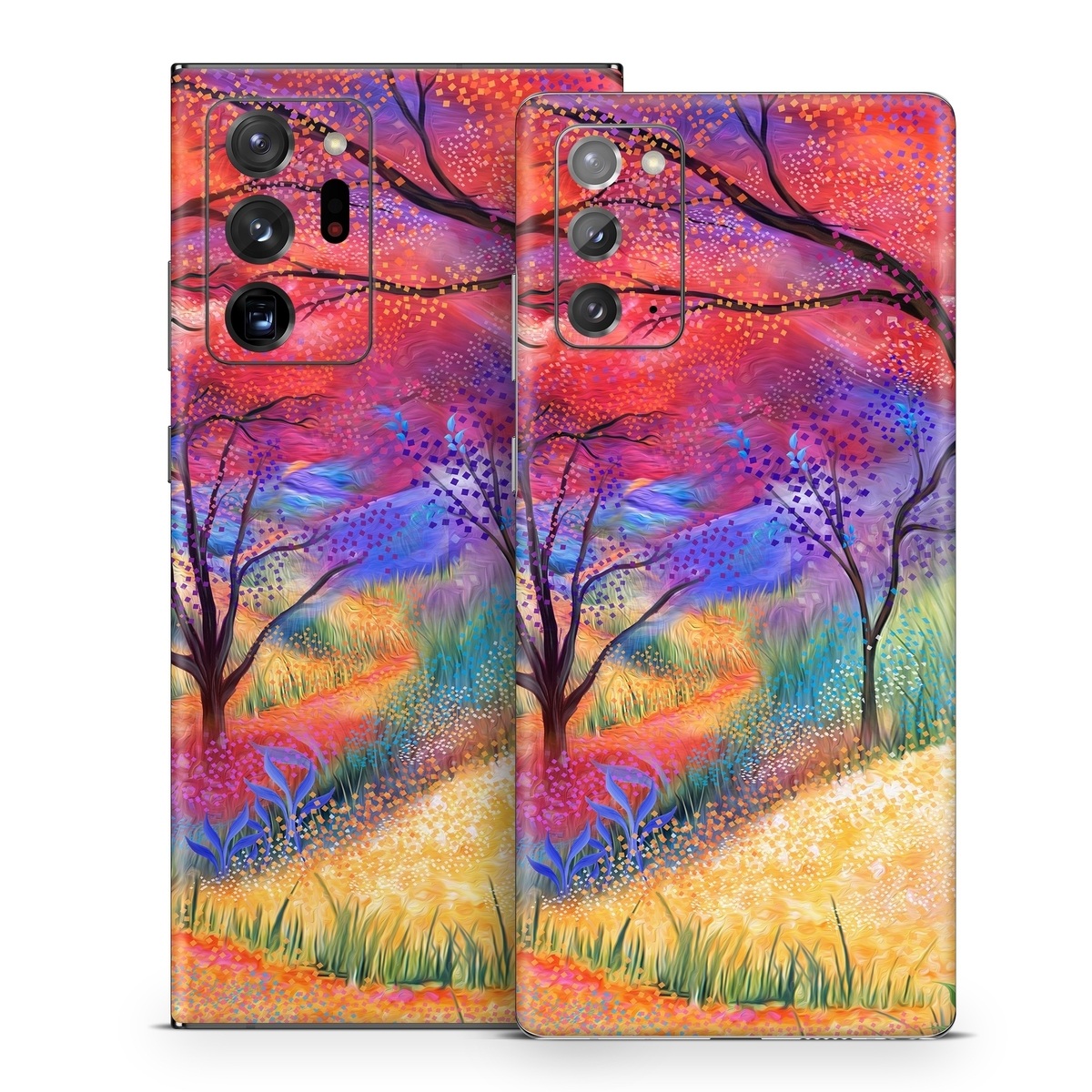 Samsung Galaxy Note 20 Series Skin design of Plant, Art paint, Paint, Botany, Natural environment, Natural landscape, Leaf, Branch, People in nature, Tree, with red, blue, yellow, green, purple, orange, black, white colors