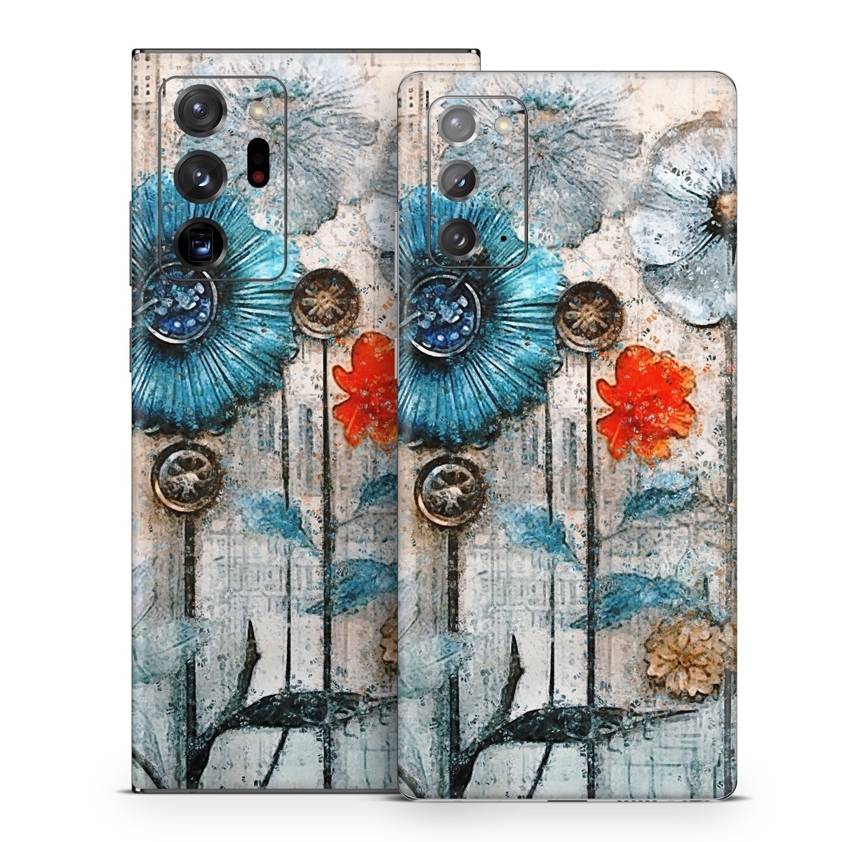 Samsung Galaxy Note 20 Series Skin design of Plant, Blue, Petal, Textile, Paint, Flower, Art, Creative arts, Pattern, Rectangle, with white, brown, black, yellow, blue, red, gray colors