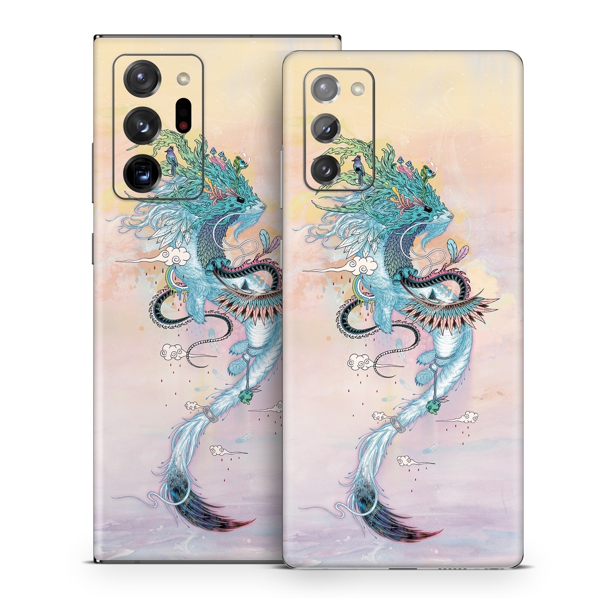 Samsung Galaxy Note 20 Series Skin design of Illustration, Water, Watercolor paint, Art, Fictional character, Graphic design, Mythology, Visual arts, Painting, Drawing, with yellow, pink, blue, green colors