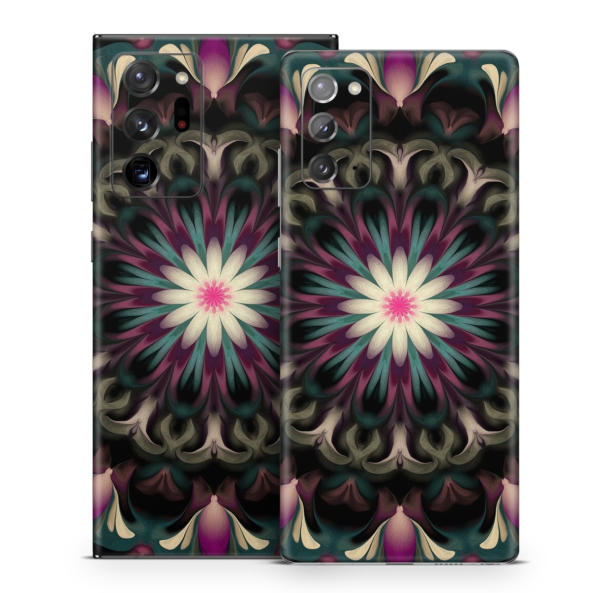 Samsung Galaxy Note 20 Series Skin design of Fractal art, Pattern, Pink, Psychedelic art, Art, Kaleidoscope, Design, Symmetry, Visual arts, Textile, with black, purple, white, green, blue colors
