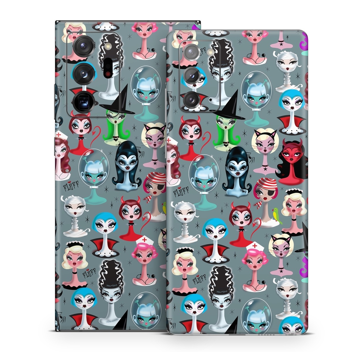 Samsung Galaxy Note 20 Series Skin design of Facial expression, Head, Design, Collection, Fictional character, Pattern, Skull, Illustration, Collage, Style, with gray, white, red, blue, green, black, pink, purple colors