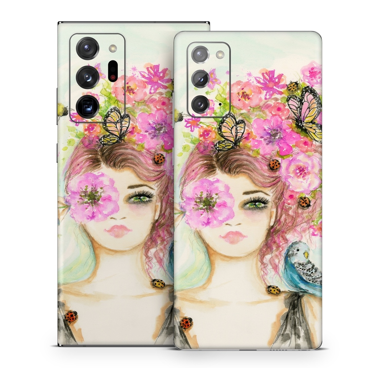 Samsung Galaxy Note 20 Series Skin design of Pink, Illustration, Fashion illustration, Watercolor paint, Fictional character, Dress, Hair accessory, Wildflower, Costume, Plant, with blue, pink, yellow, orange, purple, brown, green colors