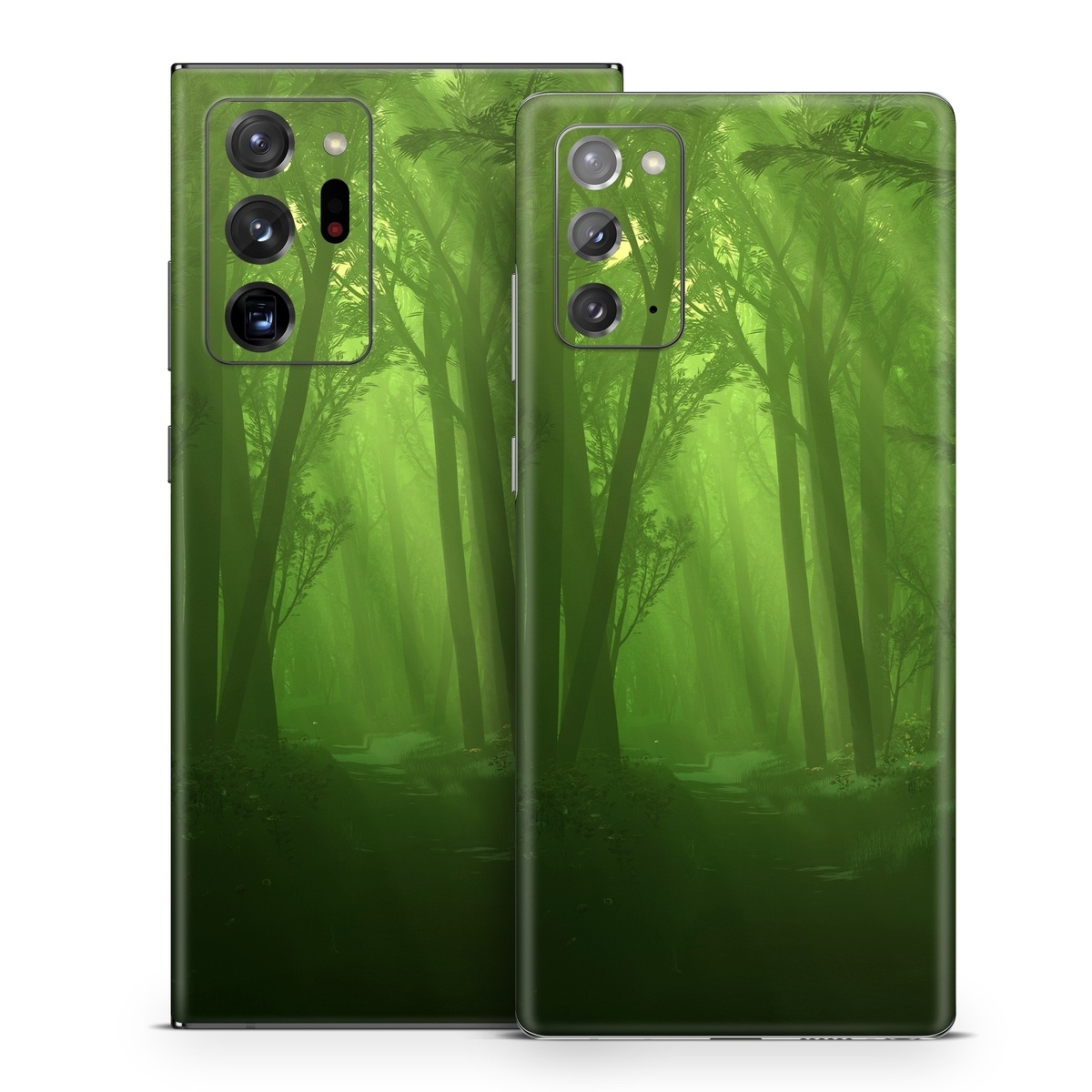 Samsung Galaxy Note 20 Series Skin design of Nature, Green, Forest, Old-growth forest, Woodland, Natural environment, Vegetation, Tree, Natural landscape, Atmospheric phenomenon, with black, green colors