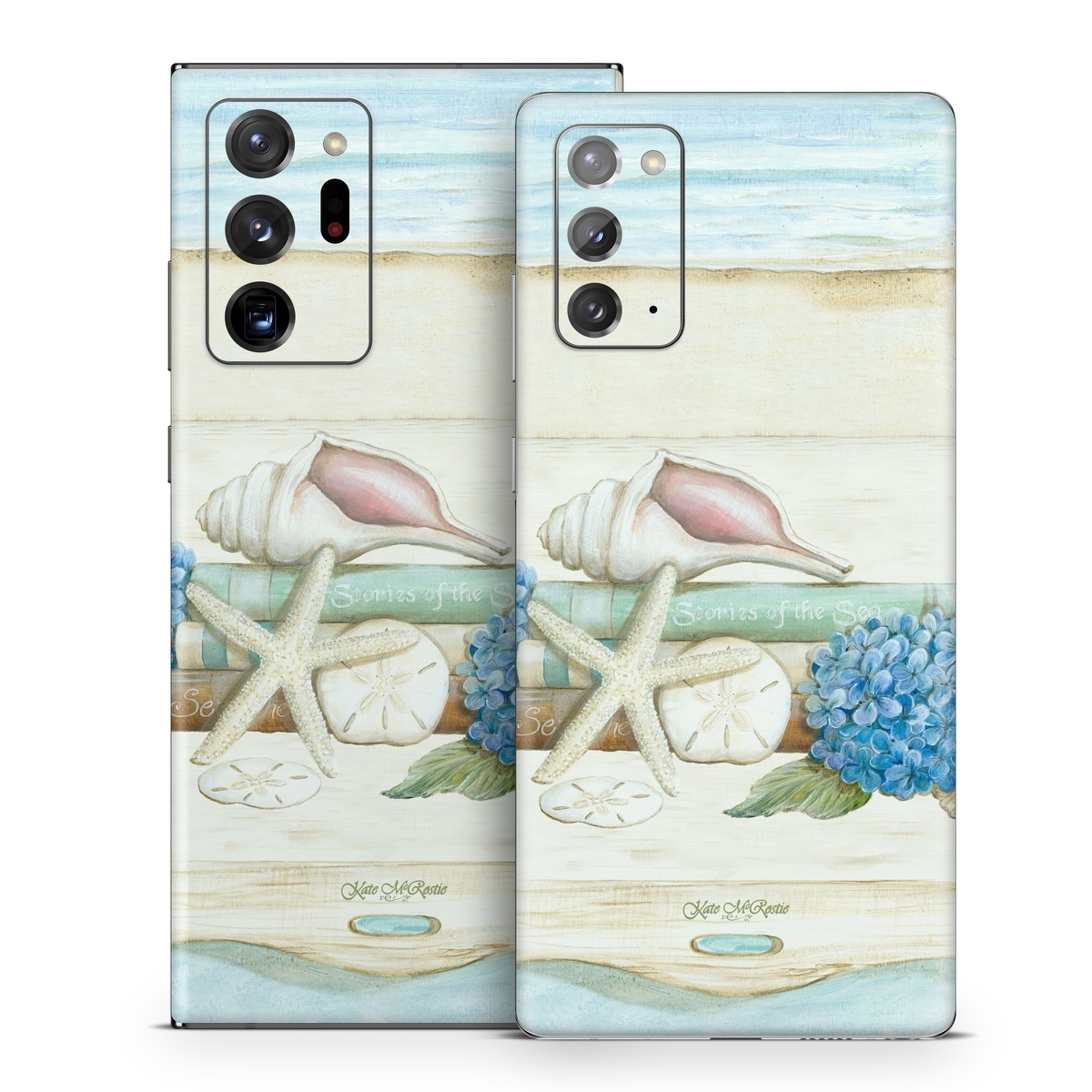 Samsung Galaxy Note 20 Series Skin design of Starfish, Shell, Hydrangea, Plant, Flower, Still life, Echinoderm, Cornales, with gray, green, blue, yellow colors