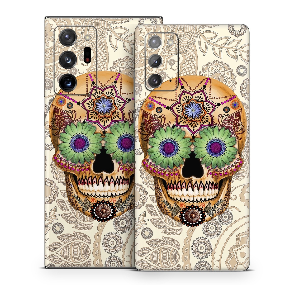 Samsung Galaxy Note 20 Series Skin design of Skull, Bone, Pattern, Design, Illustration, Visual arts, Fashion accessory, Art, with gray, yellow, green, black, red, pink colors