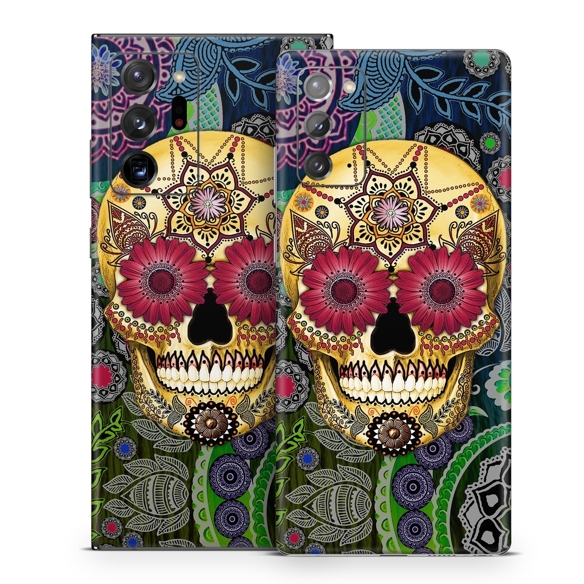 Samsung Galaxy Note 20 Series Skin design of Skull, Bone, Pattern, Psychedelic art, Visual arts, Design, Illustration, Art, Textile, Plant, with black, red, gray, green, blue colors