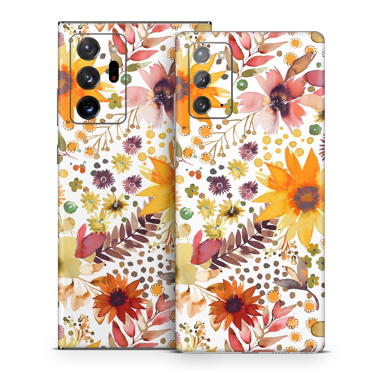Samsung Galaxy Note 20 Series Skin design of Flower, Plant, Petal, Botany, Textile, Orange, Line, Groundcover, Creative arts, Flowering plant, with white, yellow, pink, green, brown, orange colors