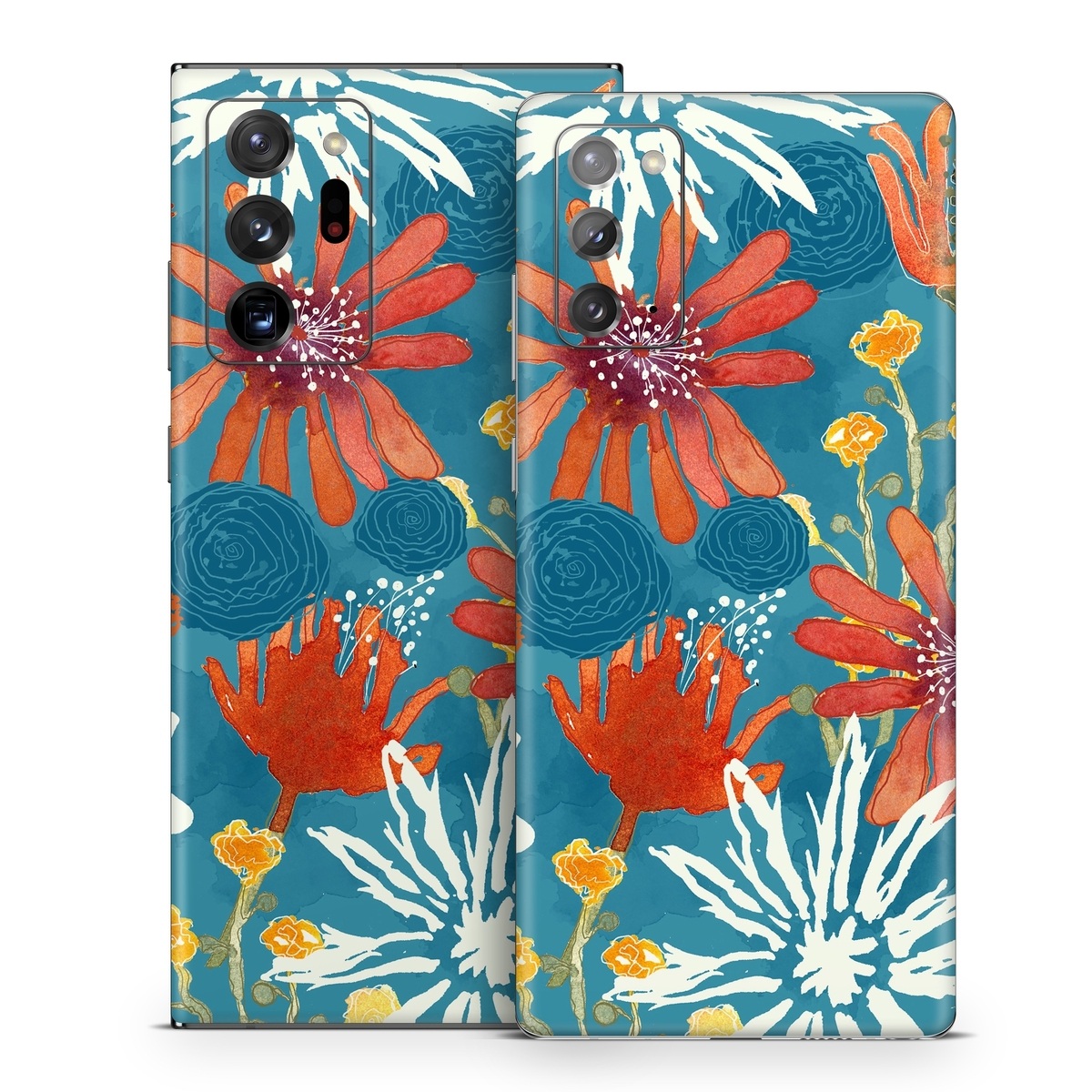 Samsung Galaxy Note 20 Series Skin design of Pattern, Visual arts, Wrapping paper, Design, Wildflower, Floral design, Textile, Flower, Plant, Motif, with blue, red, gray, yellow, green colors
