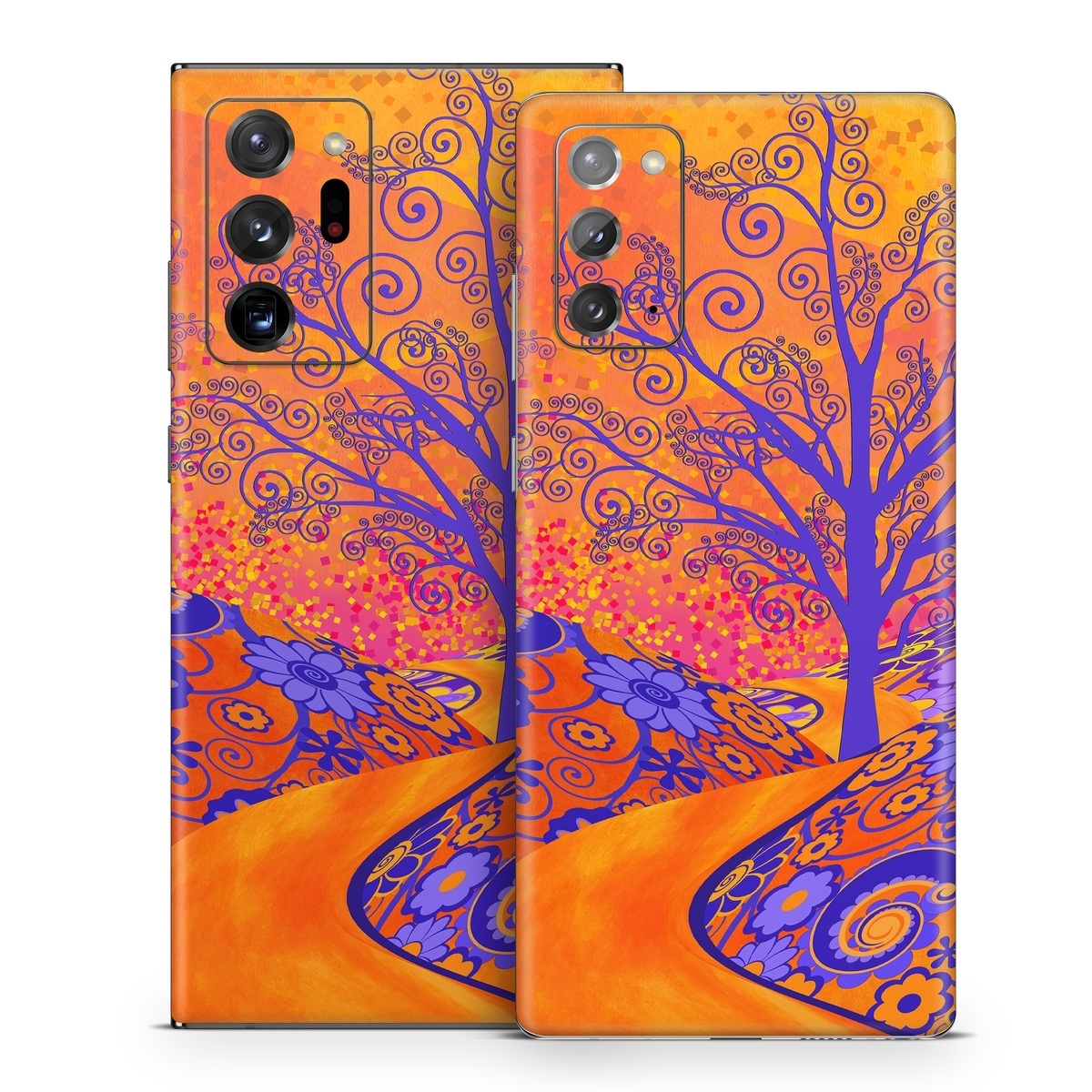 Samsung Galaxy Note 20 Series Skin design of Blue, Orange, Art, Acrylic paint, Modern art, Pattern, Visual arts, Painting, Majorelle blue, Psychedelic art, with orange, yellow, red, purple colors