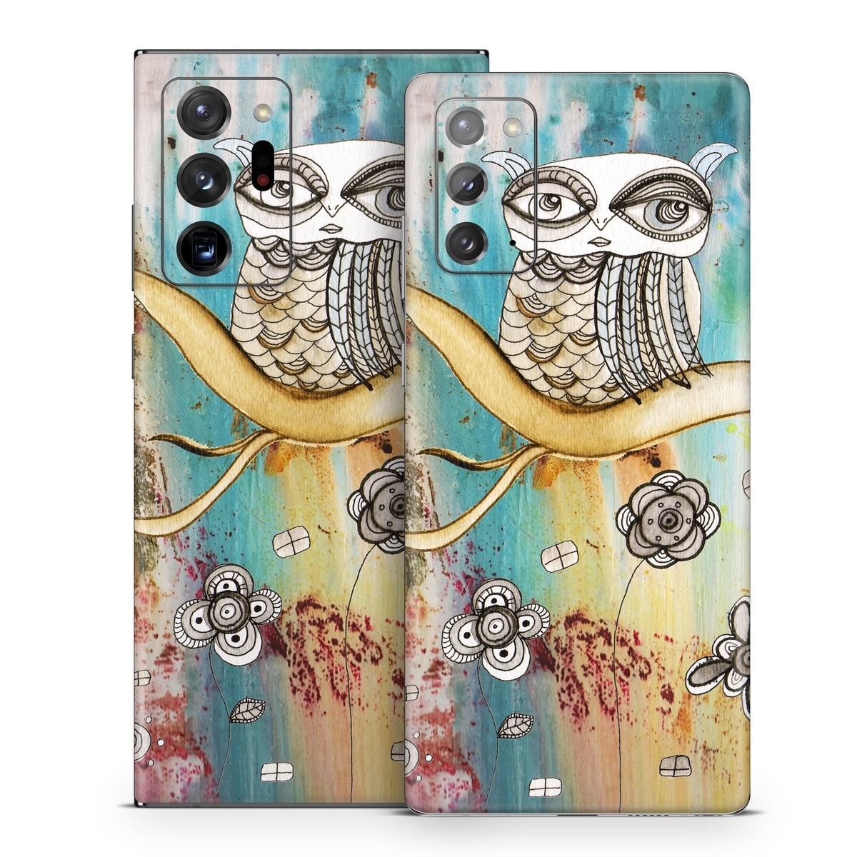 Samsung Galaxy Note 20 Series Skin design of Owl, Pink, Illustration, Art, Visual arts, Watercolor paint, Organism, Modern art, Graphic design, Pattern, with gray, red, green, black, blue, purple colors