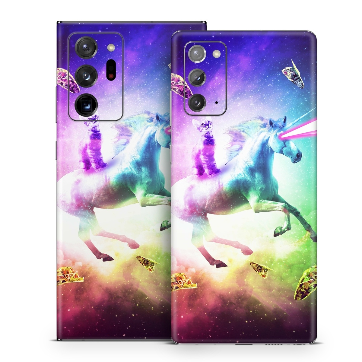 Samsung Galaxy Note 20 Series Skin design of Fictional character, Illustration, Unicorn, Graphic design, Sky, Space, Mythical creature, Cg artwork, Art, Mythology, with black, white, blue, green, purple, pink, red colors