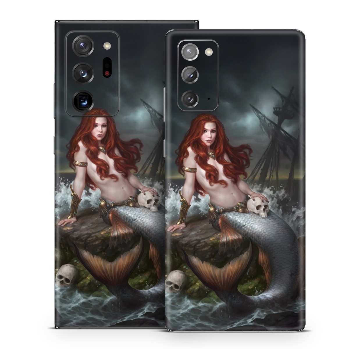 Samsung Galaxy Note 20 Series Skin design of Mermaid, Cg artwork, Illustration, Fictional character, Mythology, Mythical creature, Art, Long hair, Woman warrior, Sitting, with black, brown, red, yellow, white, gray colors