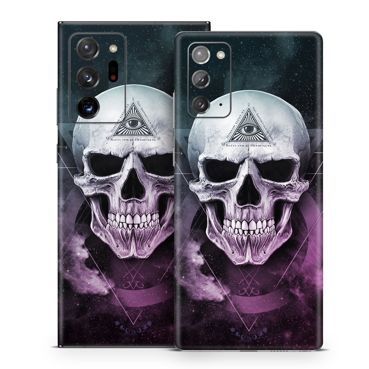 Samsung Galaxy Note 20 Series Skin design of Skull, Bone, Illustration, Font, Jaw, Fictional character, Graphic design, Graphics, Art, with black, white, gray, purple colors
