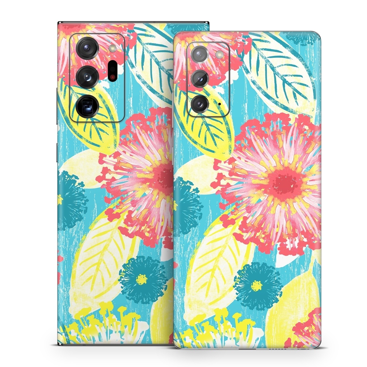 Samsung Galaxy Note 20 Series Skin design of Pattern, Design, Flower, Floral design, Plant, Textile, Wrapping paper, Wildflower, Visual arts, with pink, gray, blue, yellow colors