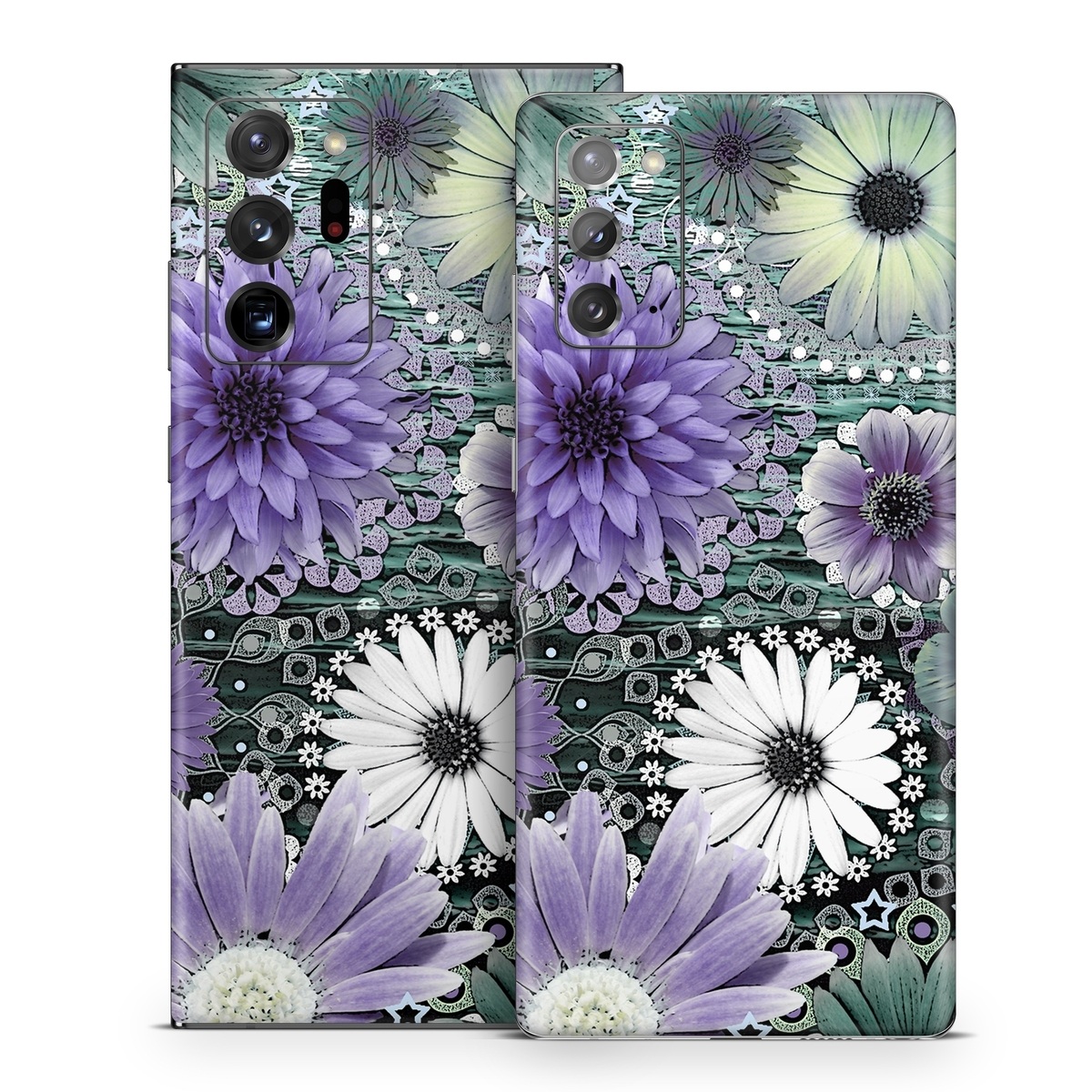 Samsung Galaxy Note 20 Series Skin design of Purple, Flower, african daisy, Pericallis, Plant, Violet, Lavender, Botany, Petal, Pattern, with gray, black, blue, purple, white colors