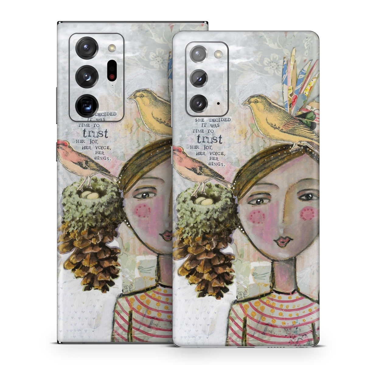 Samsung Galaxy Note 20 Series Skin design of Watercolor paint, Illustration, Art, Painting, Child art, Fictional character, Visual arts, Fashion illustration, Feather, Drawing, with gray, brown, pink, yellow, red, green, blue colors
