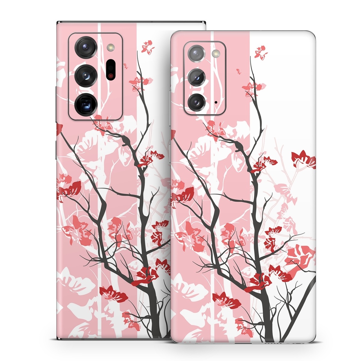 Samsung Galaxy Note 20 Series Skin design of Branch, Red, Flower, Plant, Tree, Twig, Blossom, Botany, Pink, Spring, with white, pink, gray, red, black colors