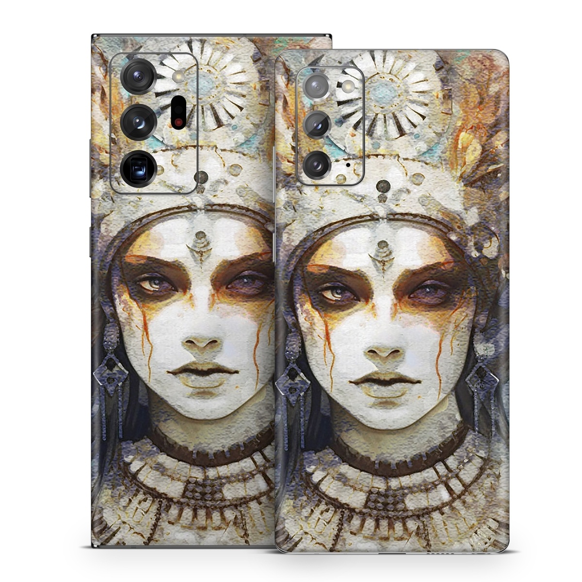 Samsung Galaxy Note 20 Series Skin design of Eye, Paint, Eyelash, Painting, Art, Headpiece, Beauty, Feather, Illustration, Mask, with white, black, yellow, brown, gray, blue colors