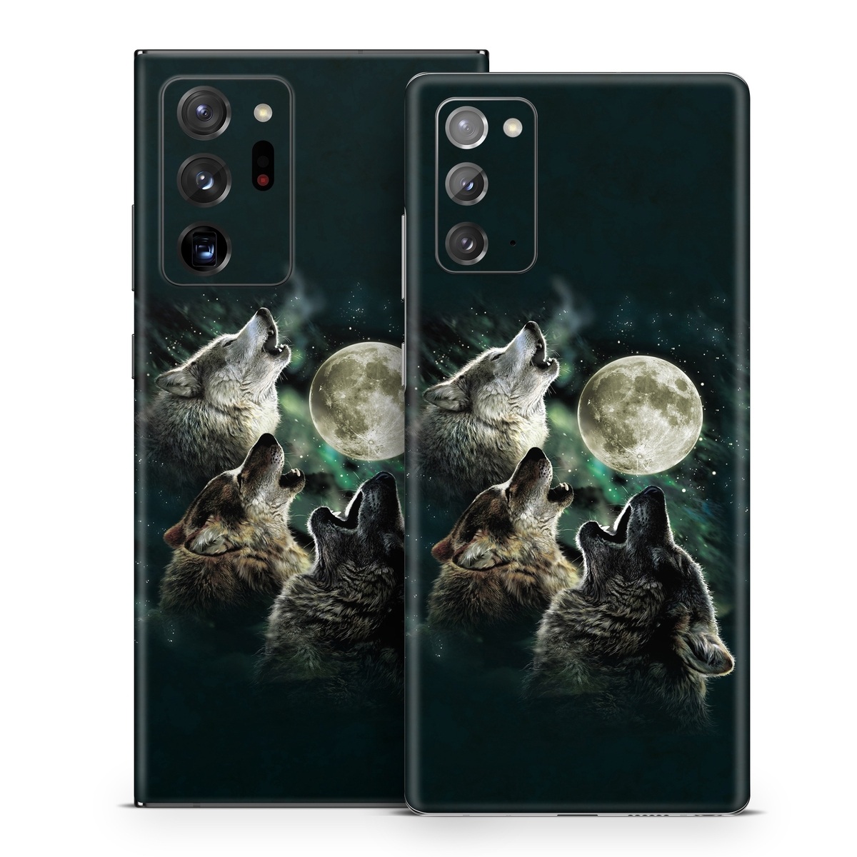 Samsung Galaxy Note 20 Series Skin design of Wolf, Light, Astronomical object, Moon, Wildlife, Organism, Moonlight, Sky, Atmosphere, Celestial event, with black, gray, green colors
