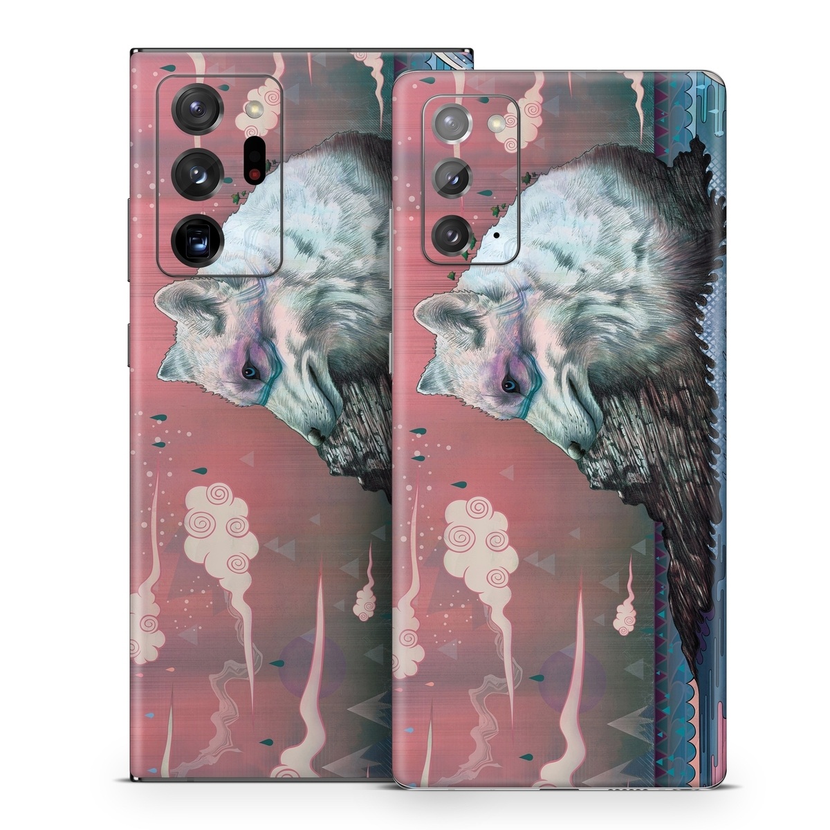 Samsung Galaxy Note 20 Series Skin design of Illustration, Drawing, Sketch, Art, Graphic design, Lion, Goats, Fictional character, Ink, Bison, with gray, purple, black, red colors