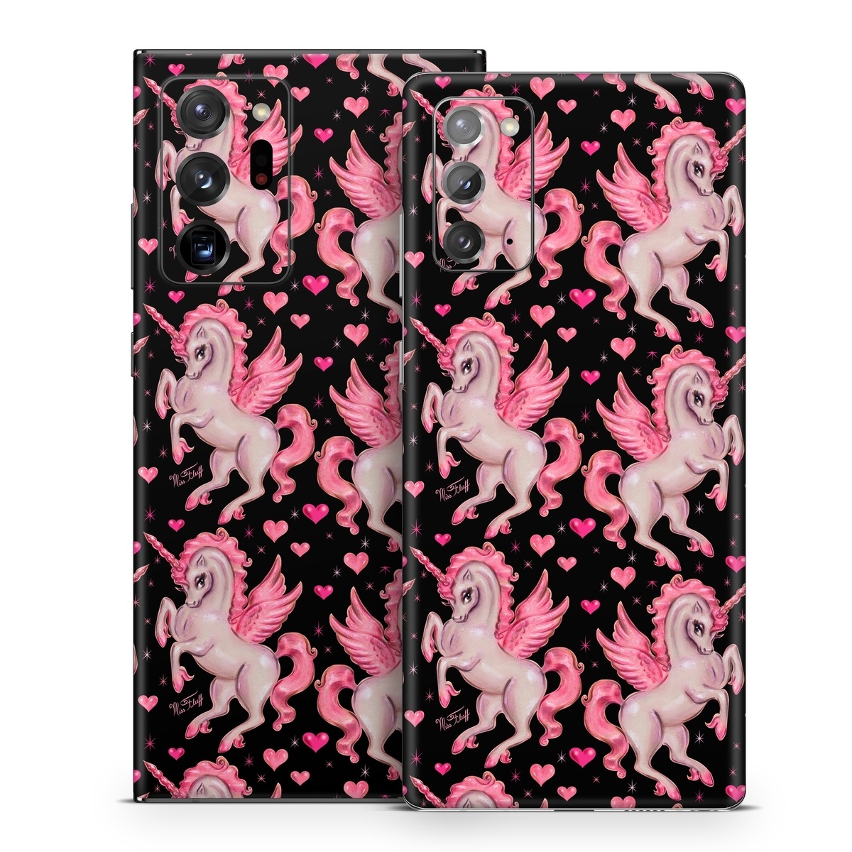 Samsung Galaxy Note 20 Series Skin design of Pink, Pattern, Fictional character, Design, Illustration, Font, Unicorn, Graphic design, Mythical creature, Art, with black, pink colors