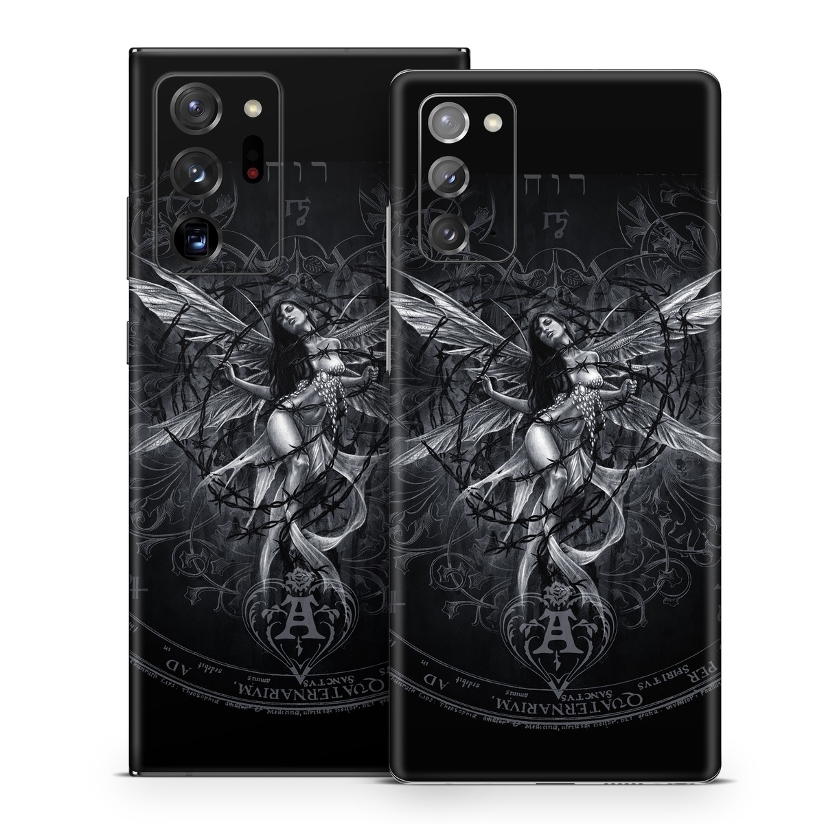 Samsung Galaxy Note 20 Series Skin design of Illustration, Graphic design, Darkness, Fictional character, Black-and-white, Pattern, Graphics, Mythical creature, Circle, Wing, with black, white colors