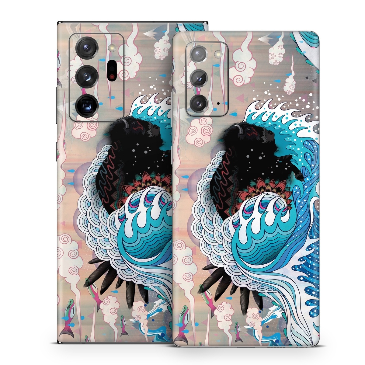 Samsung Galaxy Note 20 Series Skin design of Blue, Turquoise, Illustration, Aqua, Graphic design, Pattern, Art, Design, Graphics, Visual arts, with gray, blue, black, pink, white colors