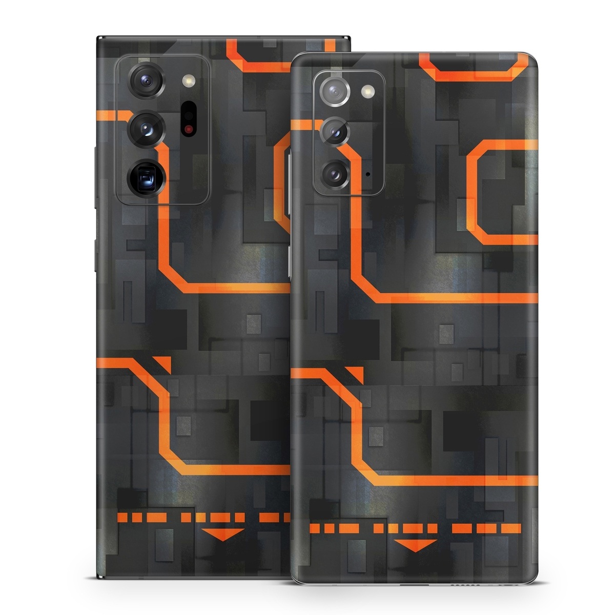 Samsung Galaxy Note 20 Series Skin design of Orange, Font, Parallel, Pattern, Graphics, Rectangle, Logo, Brand, Graphic design, Event, with black, orange colors