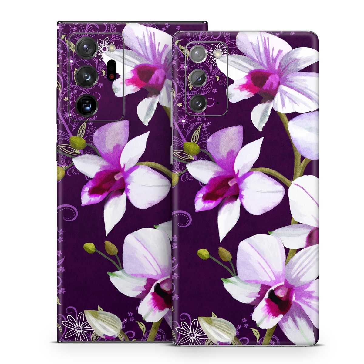 Samsung Galaxy Note 20 Series Skin design of Flower, Purple, Petal, Violet, Lilac, Plant, Flowering plant, cooktown orchid, Botany, Wildflower, with black, gray, white, purple, pink colors