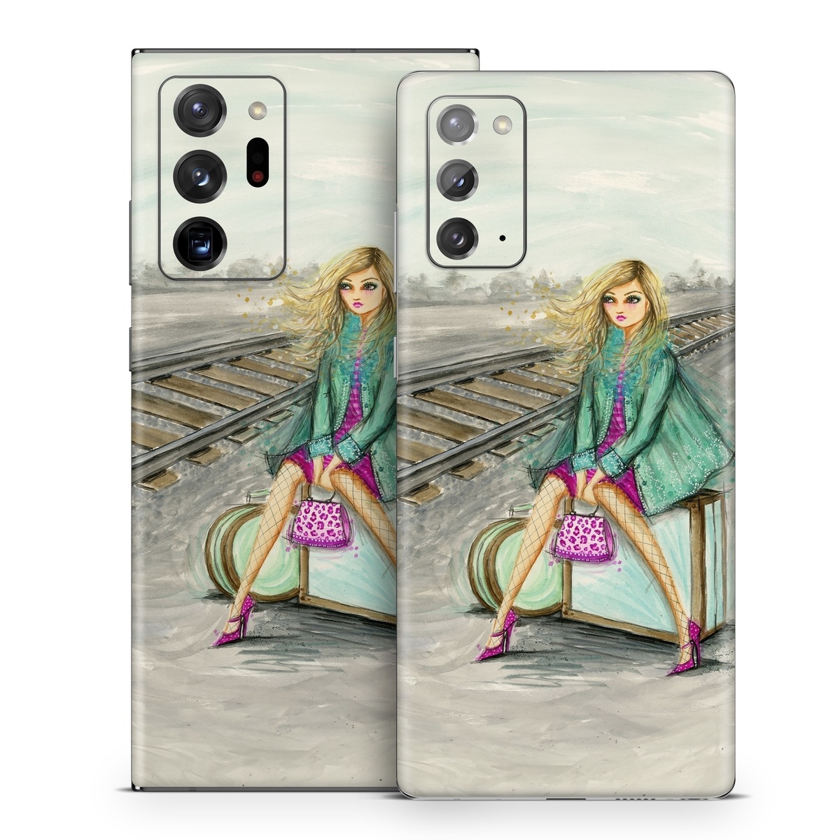 Samsung Galaxy Note 20 Series Skin design of Fashion illustration, Pink, Illustration, Fashion, Watercolor paint, Art, Magenta, Fashion design, Sitting, Drawing, with gray, green, pink, white, yellow, purple, blue colors