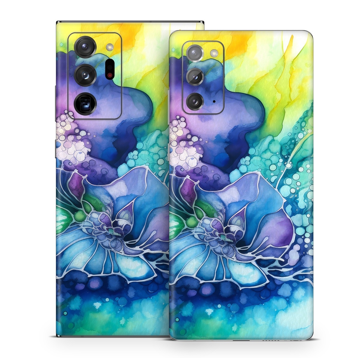 Samsung Galaxy Note 20 Series Skin design of Flower, Plant, Art paint, Petal, Blue, Azure, Purple, Art, Paint, Painting, with blue, yellow, green, purple, white, orange colors