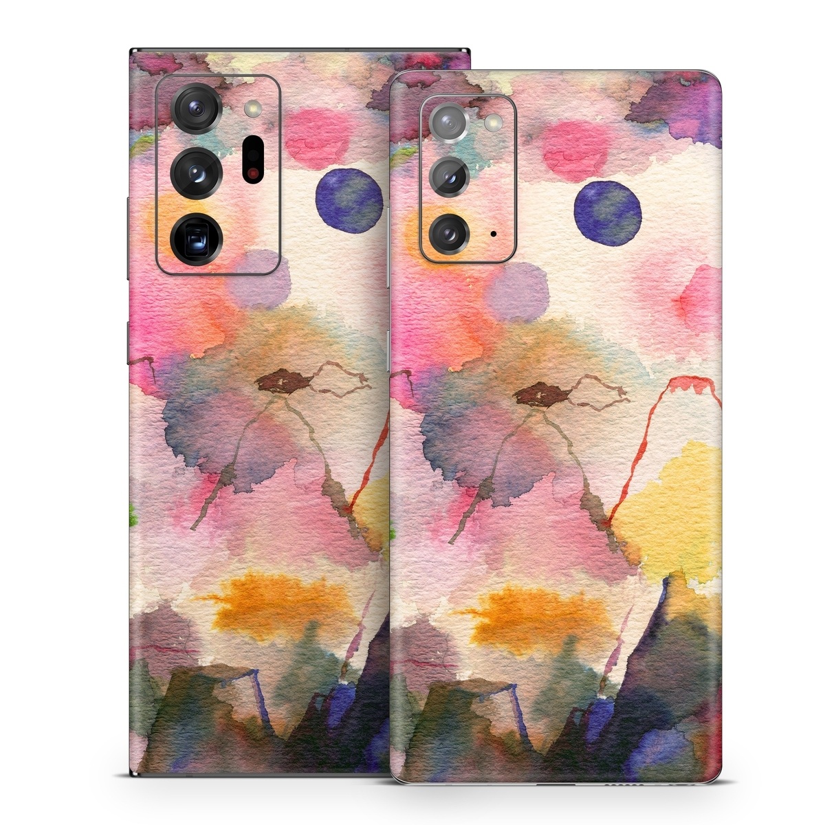 Samsung Galaxy Note 20 Series Skin design of Watercolor paint, Flower, Textile, Painting, Art, Plant, Pattern, Visual arts, Floral design, Paint, with white, pink, red, yellow, green, blue, black, orange colors