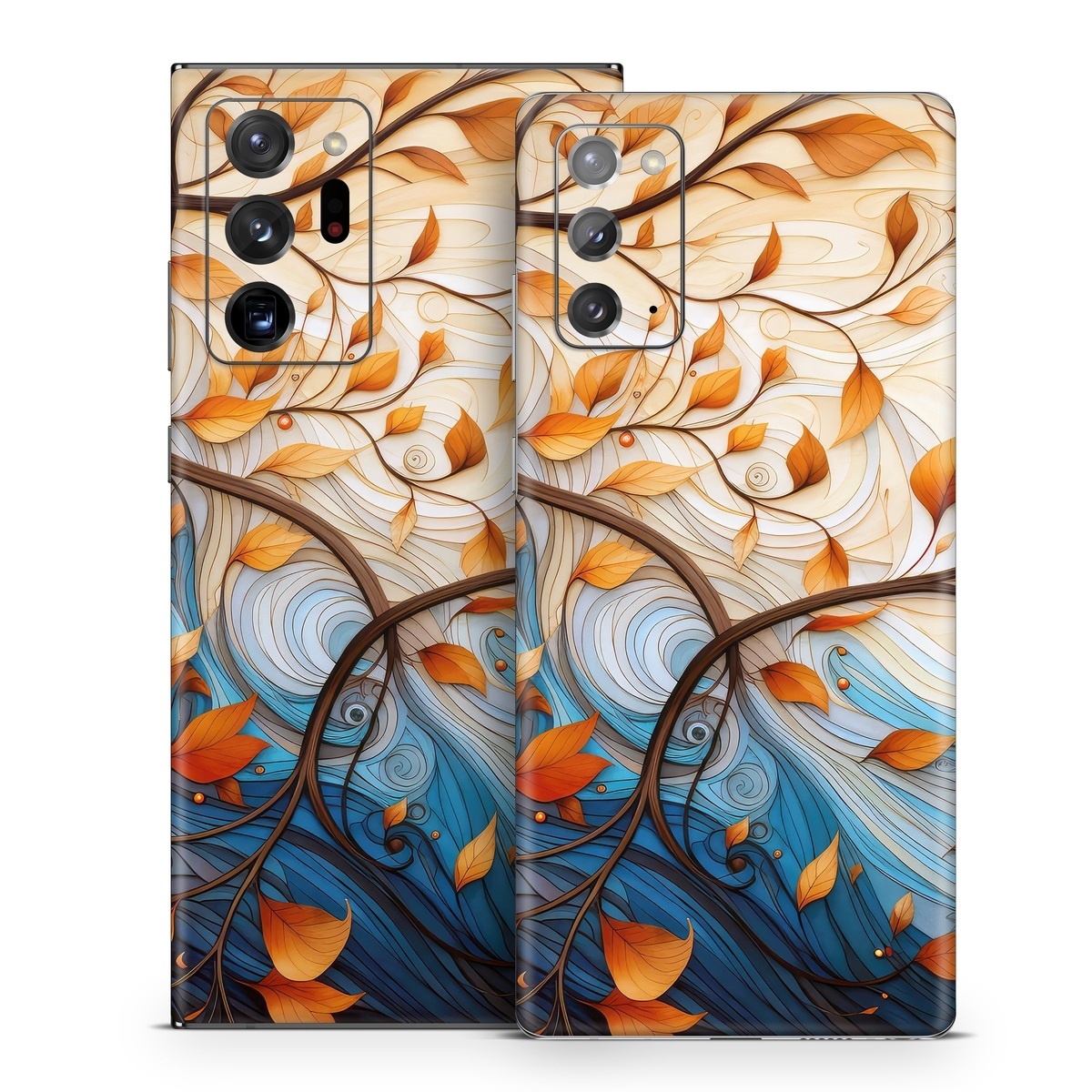 Samsung Galaxy Note 20 Series Skin design of Dishware, Orange, Textile, Sleeve, Serveware, Petal, Pattern, Porcelain, Electric blue, Art, with yellow, orange, red, white, blue, brown colors