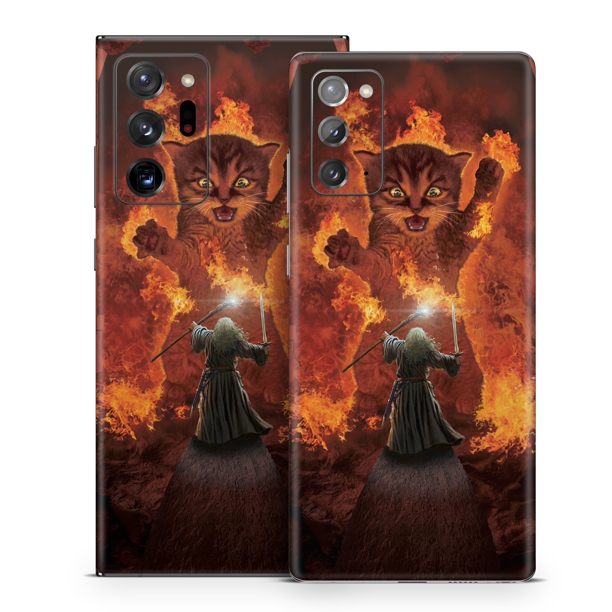 Samsung Galaxy Note 20 Series Skin design of Cartoon, Art, Carnivore, Cg artwork, Felidae, Supernatural creature, Big cats, Heat, Fictional character, Darkness, with black, red, white, gray, yellow colors