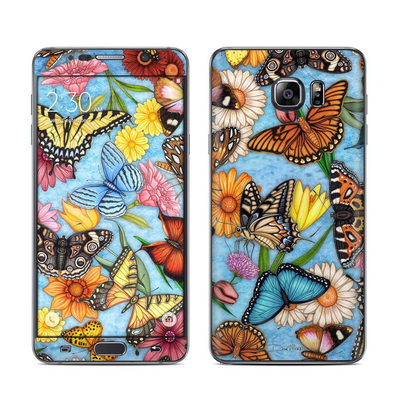 Samsung Galaxy Note 5 Skin design of Cynthia (subgenus), Butterfly, Monarch butterfly, Moths and butterflies, Brush-footed butterfly, Pollinator, Insect, Pattern, Design, Organism, with blue, pink, orange, yellow, red colors