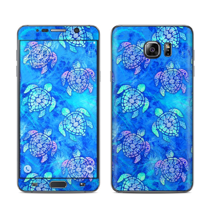 Samsung Galaxy Note 5 Skin design of Blue, Pattern, Organism, Design, Sea turtle, Plant, Electric blue, Hydrangea, Flower, Symmetry, with blue, green, purple colors