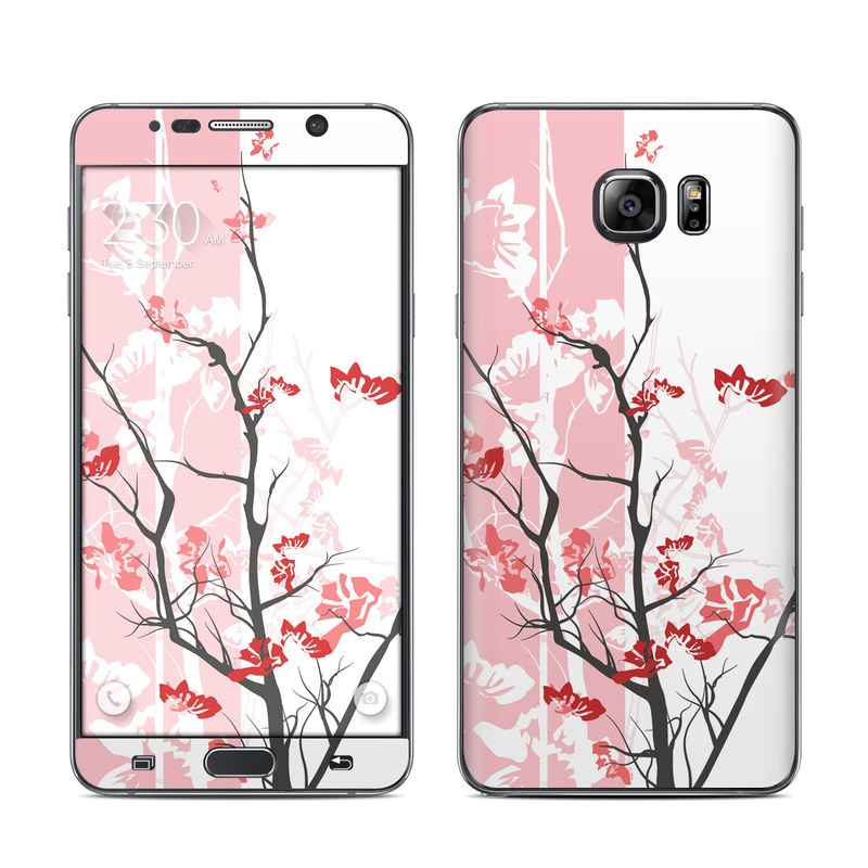 Samsung Galaxy Note 5 Skin design of Branch, Red, Flower, Plant, Tree, Twig, Blossom, Botany, Pink, Spring, with white, pink, gray, red, black colors
