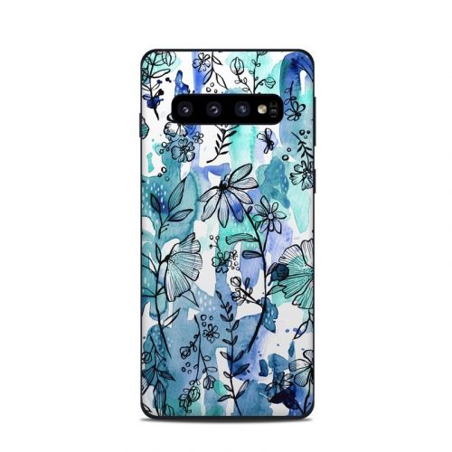 Blue Ink Floral Samsung Galaxy S10 Skin